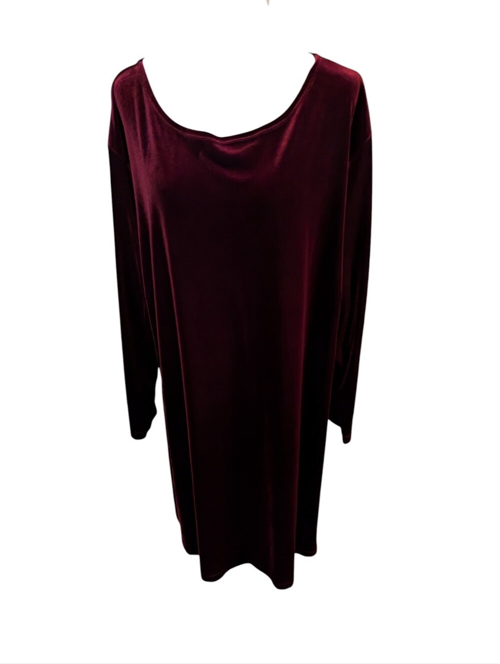 Susan Graver Burgundy Red Stretch Velvet Long-Sleeve Shift Midi Dress Plus Size